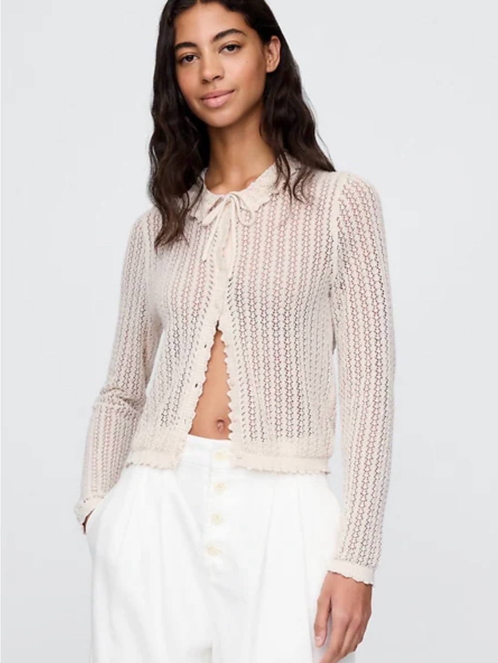 Gap x DÔEN Linen Blend Pointelle Lace Knit Tie-Neck Peter Pan Collar Cardigan